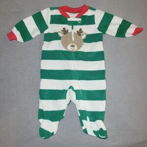 Carter's Christmas Fleece Green and White Striped Footie Pajamas Two Way Zipper